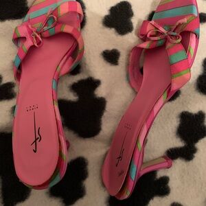 Hot pink and blue kitten heel slides
